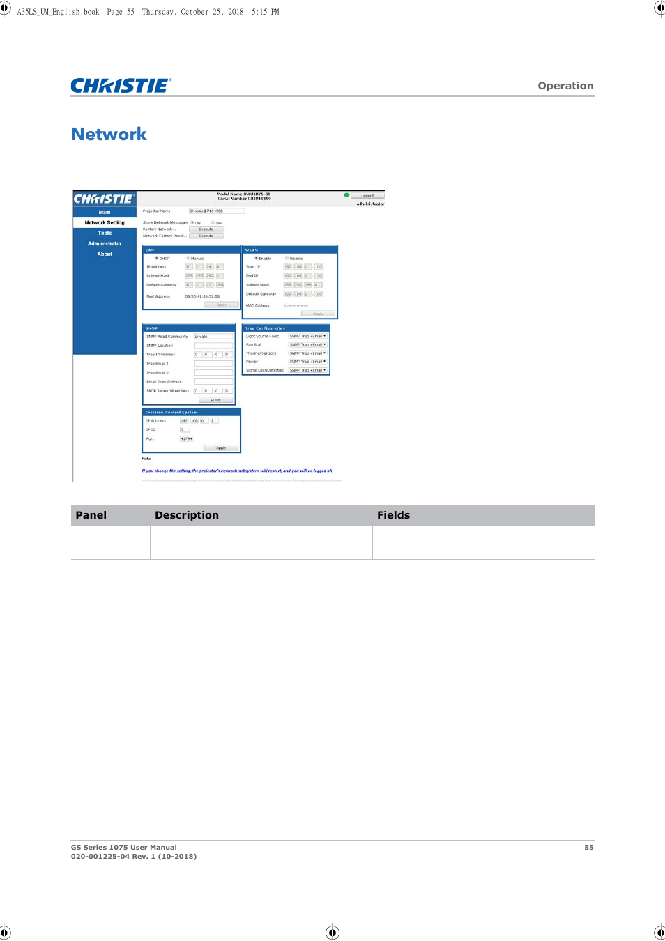 Network | Christie DWU1075-GS 10,875-Lumen WUXGA 1DLP Laser Phosphor Projector with BoldColor Technology (No Lens) User Manual | Page 55 / 102