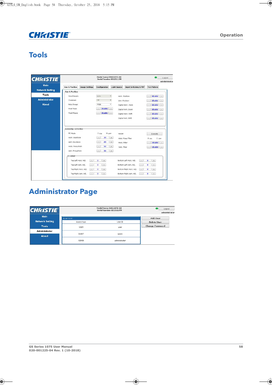 Tools, Administrator page | Christie DWU1075-GS 10,875-Lumen WUXGA 1DLP Laser Phosphor Projector with BoldColor Technology (No Lens) User Manual | Page 58 / 102