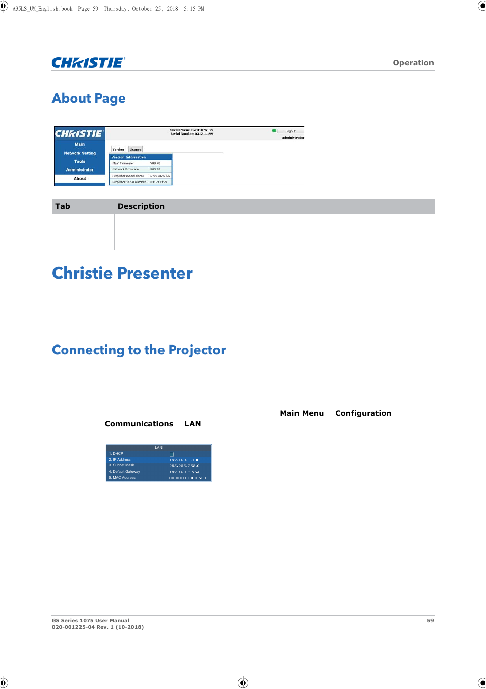 Christie presenter, Connecting to the projector, About page | Christie DWU1075-GS 10,875-Lumen WUXGA 1DLP Laser Phosphor Projector with BoldColor Technology (No Lens) User Manual | Page 59 / 102