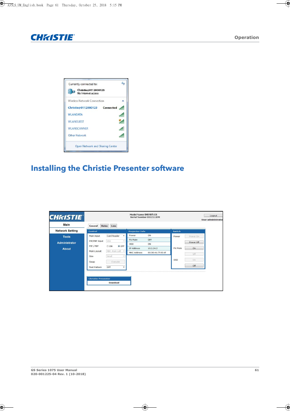 Installing the christie presenter software | Christie DWU1075-GS 10,875-Lumen WUXGA 1DLP Laser Phosphor Projector with BoldColor Technology (No Lens) User Manual | Page 61 / 102