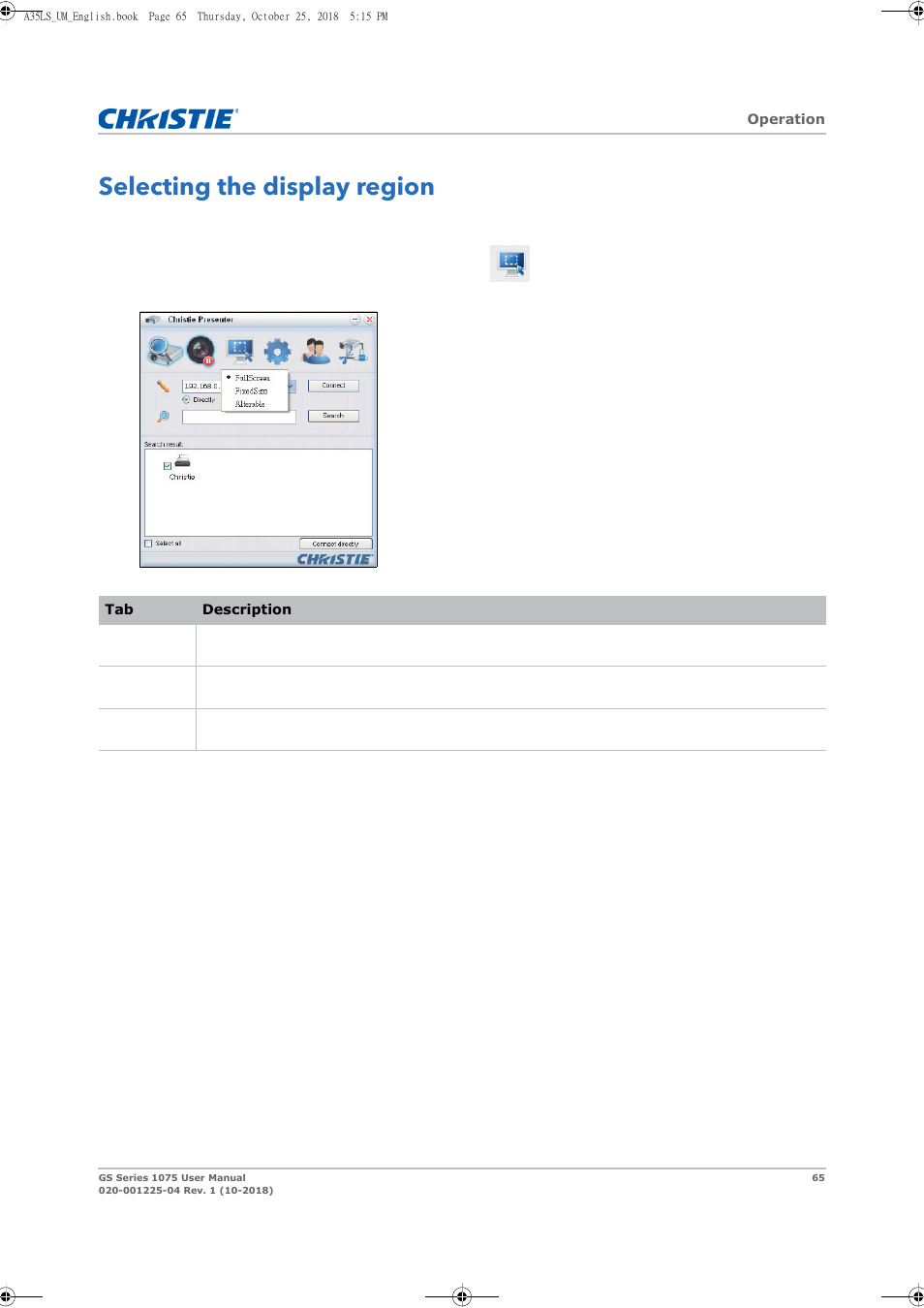 Selecting the display region | Christie DWU1075-GS 10,875-Lumen WUXGA 1DLP Laser Phosphor Projector with BoldColor Technology (No Lens) User Manual | Page 65 / 102