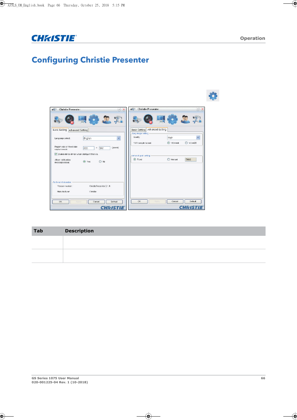 Configuring christie presenter | Christie DWU1075-GS 10,875-Lumen WUXGA 1DLP Laser Phosphor Projector with BoldColor Technology (No Lens) User Manual | Page 66 / 102