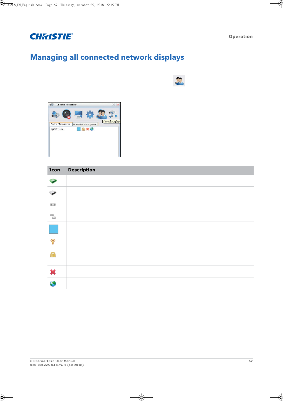Managing all connected network displays | Christie DWU1075-GS 10,875-Lumen WUXGA 1DLP Laser Phosphor Projector with BoldColor Technology (No Lens) User Manual | Page 67 / 102