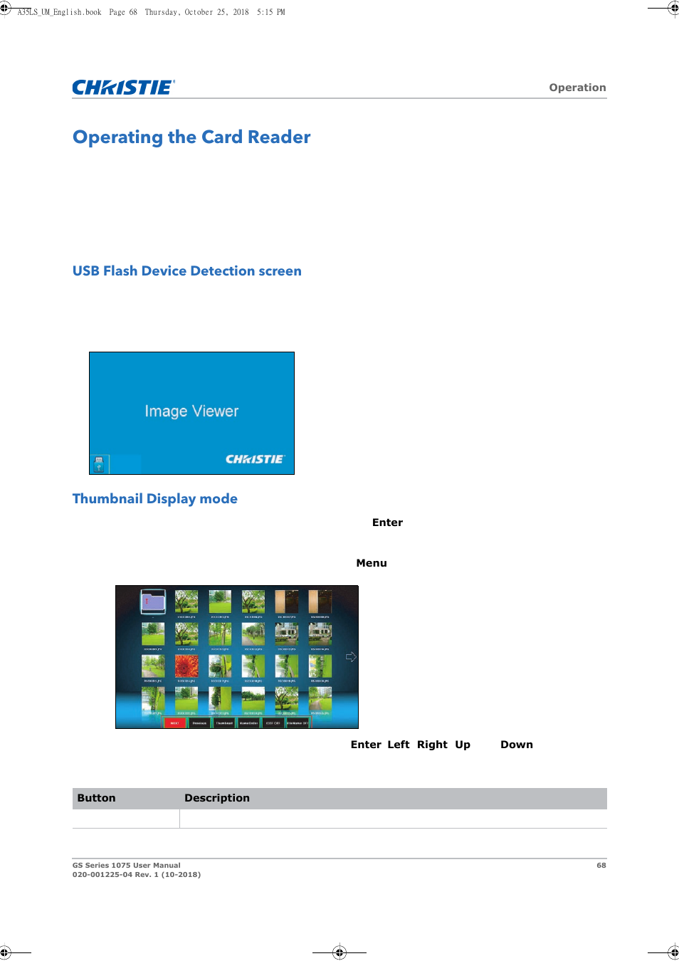 Operating the card reader, Usb flash device detection screen, Thumbnail display mode | Christie DWU1075-GS 10,875-Lumen WUXGA 1DLP Laser Phosphor Projector with BoldColor Technology (No Lens) User Manual | Page 68 / 102