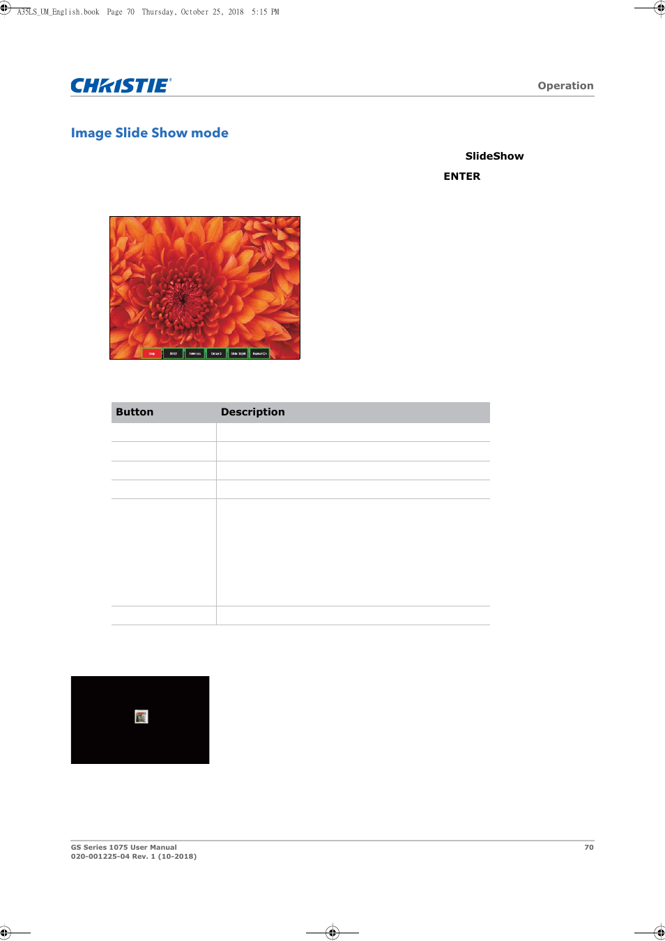 Image slide show mode | Christie DWU1075-GS 10,875-Lumen WUXGA 1DLP Laser Phosphor Projector with BoldColor Technology (No Lens) User Manual | Page 70 / 102