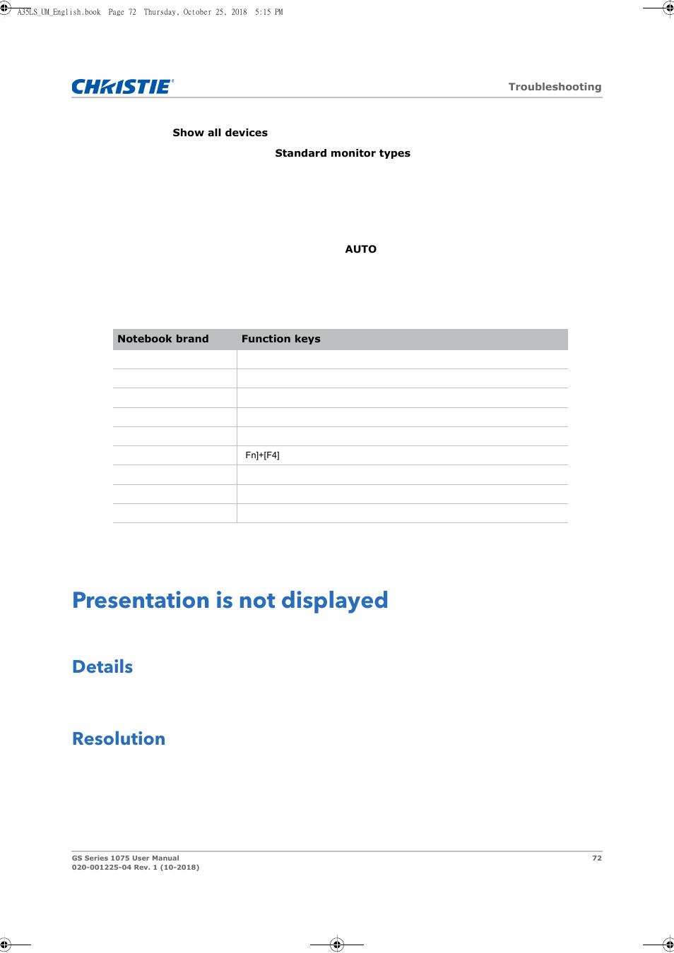 Presentation is not displayed, Details, Resolution | Christie DWU1075-GS 10,875-Lumen WUXGA 1DLP Laser Phosphor Projector with BoldColor Technology (No Lens) User Manual | Page 72 / 102