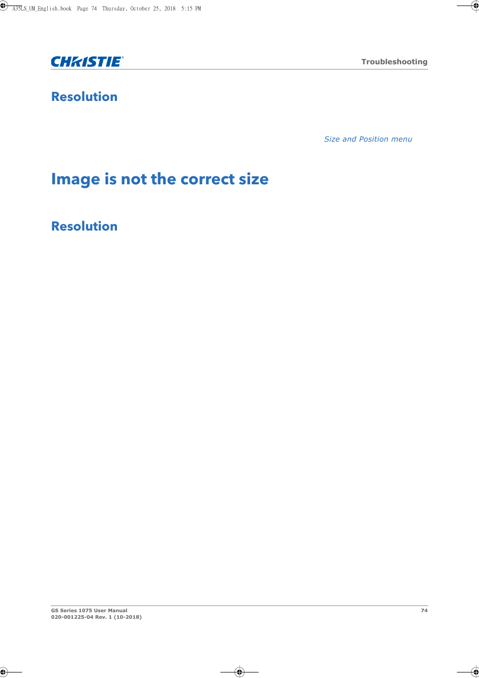 Image is not the correct size, Resolution | Christie DWU1075-GS 10,875-Lumen WUXGA 1DLP Laser Phosphor Projector with BoldColor Technology (No Lens) User Manual | Page 74 / 102