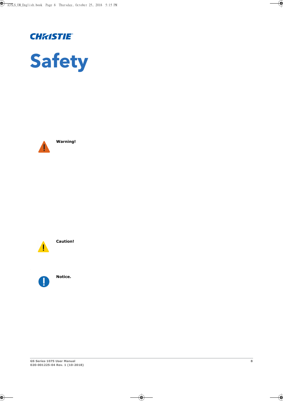 Safety | Christie DWU1075-GS 10,875-Lumen WUXGA 1DLP Laser Phosphor Projector with BoldColor Technology (No Lens) User Manual | Page 8 / 102