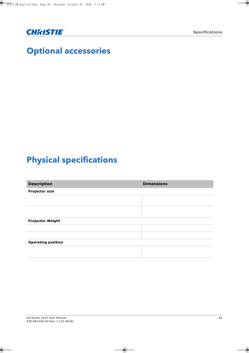 Optional accessories, Physical specifications, Optional accessories physical specifications | Christie DWU1075-GS 10,875-Lumen WUXGA 1DLP Laser Phosphor Projector with BoldColor Technology (No Lens) User Manual | Page 83 / 102