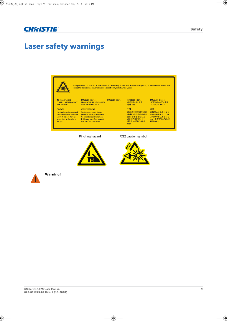 Laser safety warnings | Christie DWU1075-GS 10,875-Lumen WUXGA 1DLP Laser Phosphor Projector with BoldColor Technology (No Lens) User Manual | Page 9 / 102