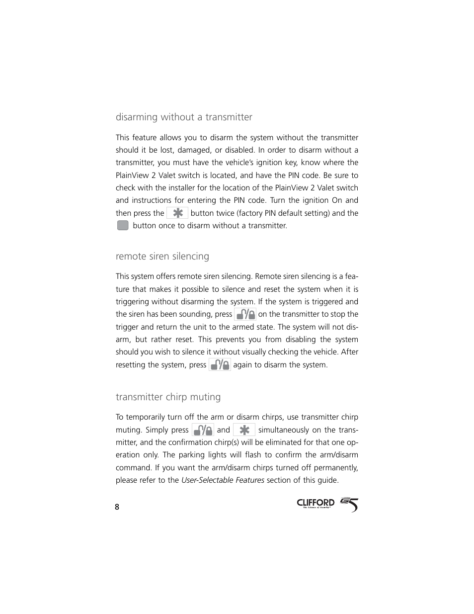 Disarming without a transmitter, Remote siren silencing, Transmitter chirp muting | Directed Electronics 5 User Manual | Page 11 / 37