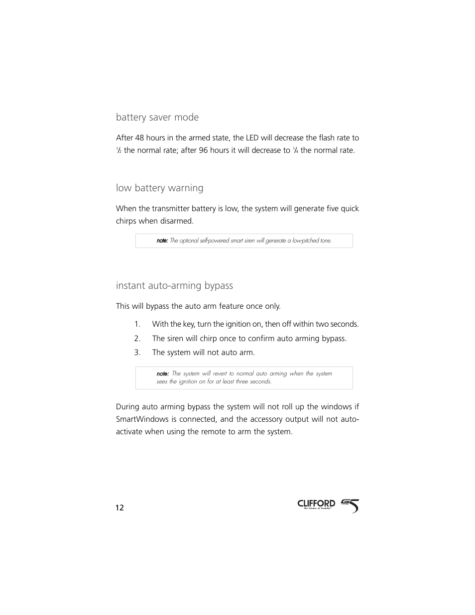 Battery saver mode, Low battery warning, Instant auto-arming bypass | Directed Electronics 5 User Manual | Page 15 / 37