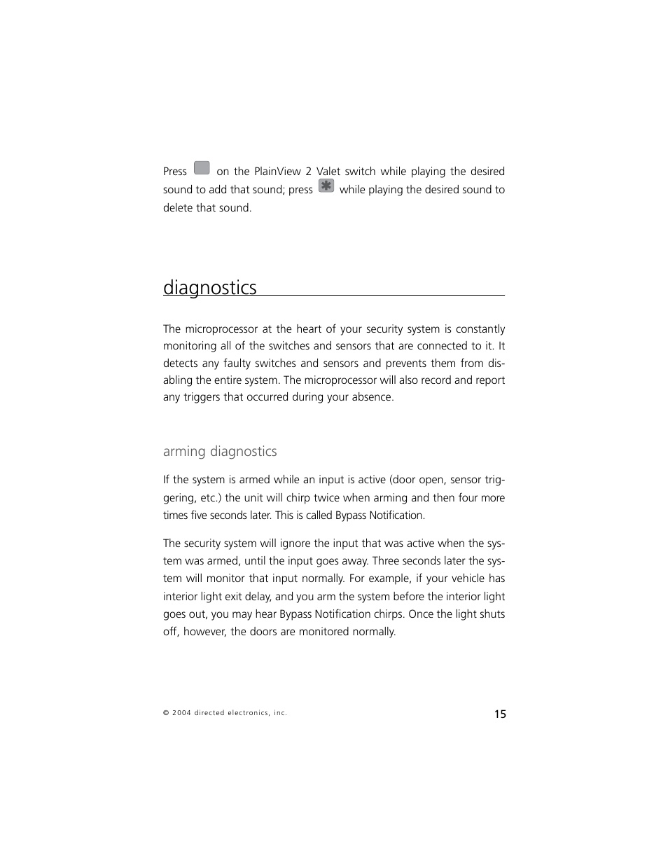 Diagnostics, Arming diagnostics | Directed Electronics 5 User Manual | Page 18 / 37