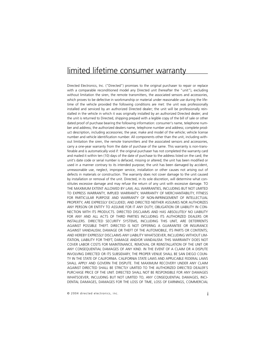 Limited lifetime consumer warranty | Directed Electronics 5 User Manual | Page 2 / 37
