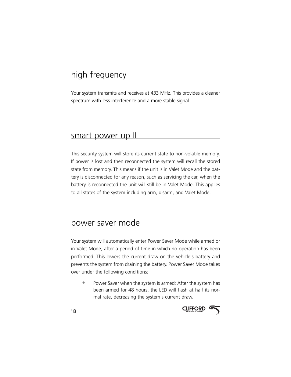 High frequency, Smart power up ii, Power saver mode | Directed Electronics 5 User Manual | Page 21 / 37