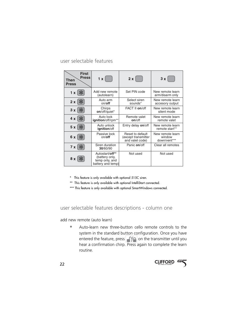 User selectable features, User selectable features descriptions - column one | Directed Electronics 5 User Manual | Page 25 / 37