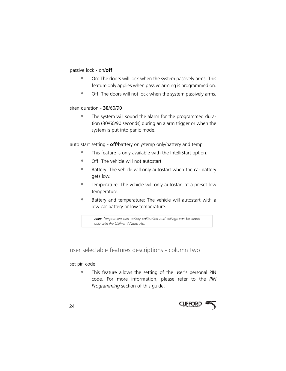 User selectable features descriptions - column two | Directed Electronics 5 User Manual | Page 27 / 37