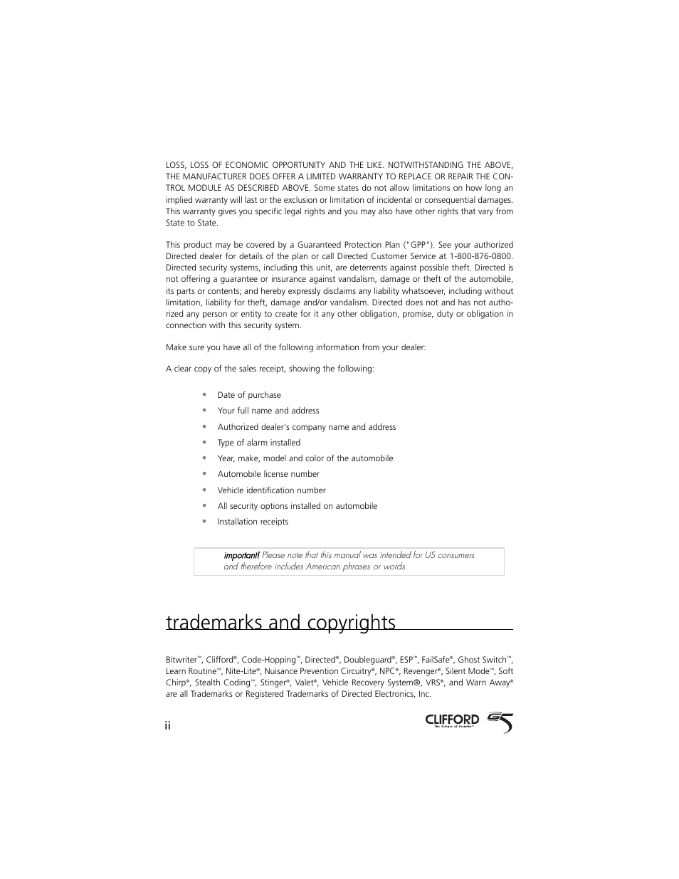 Trademarks and copyrights | Directed Electronics 5 User Manual | Page 3 / 37