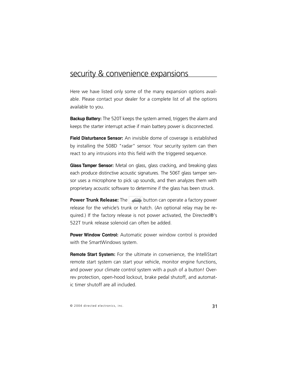 Security & convenience expansions | Directed Electronics 5 User Manual | Page 34 / 37