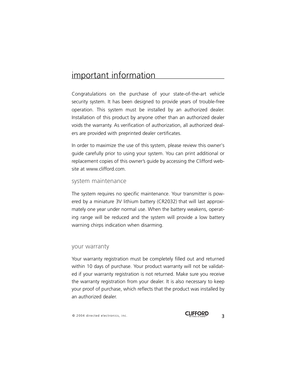 Important information, System maintenance, Your warranty | Directed Electronics 5 User Manual | Page 6 / 37