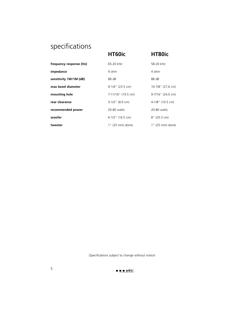 Specifications, Ht60ic ht80ic | Directed Electronics HT60ic User Manual | Page 6 / 8