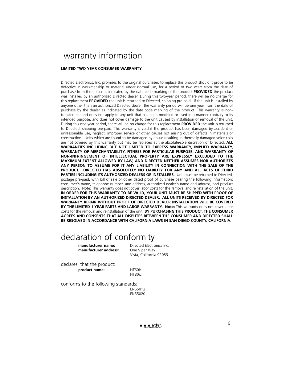 Warranty information, Declaration of conformity | Directed Electronics HT60ic User Manual | Page 7 / 8