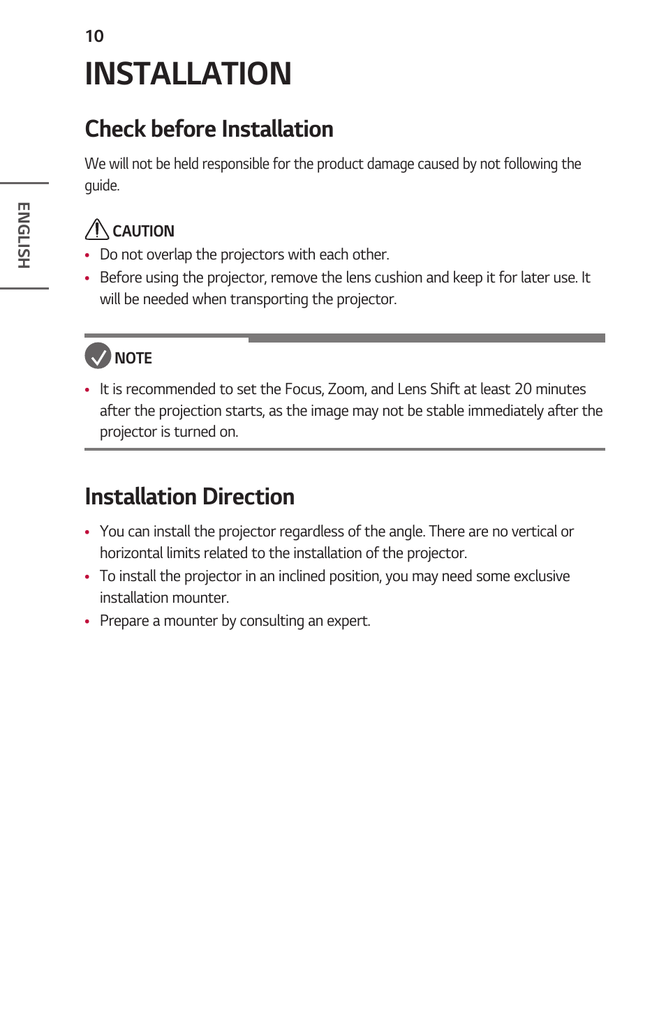 Installation, Check before installation, Installation direction | LG ProBeam BU70QGA 7000-Lumen 4K Laser SmProjector User Manual | Page 10 / 143