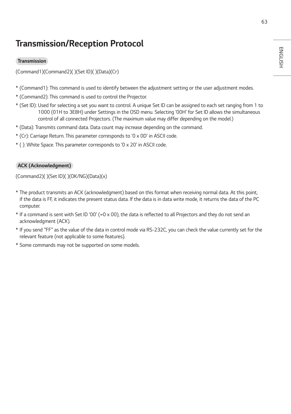 Transmission/reception protocol | LG ProBeam BU70QGA 7000-Lumen 4K Laser SmProjector User Manual | Page 118 / 143
