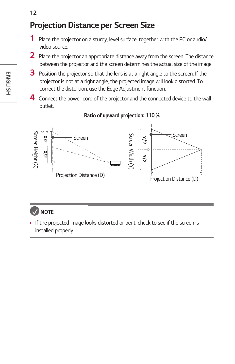 Projection distance per screen size, Projection distance per screen size 1 | LG ProBeam BU70QGA 7000-Lumen 4K Laser SmProjector User Manual | Page 12 / 143