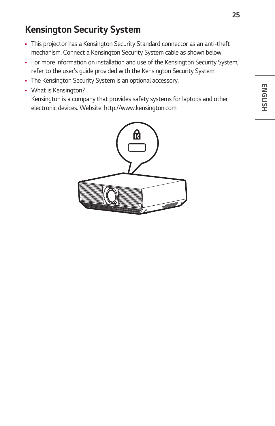 Kensington security system | LG ProBeam BU70QGA 7000-Lumen 4K Laser SmProjector User Manual | Page 25 / 143