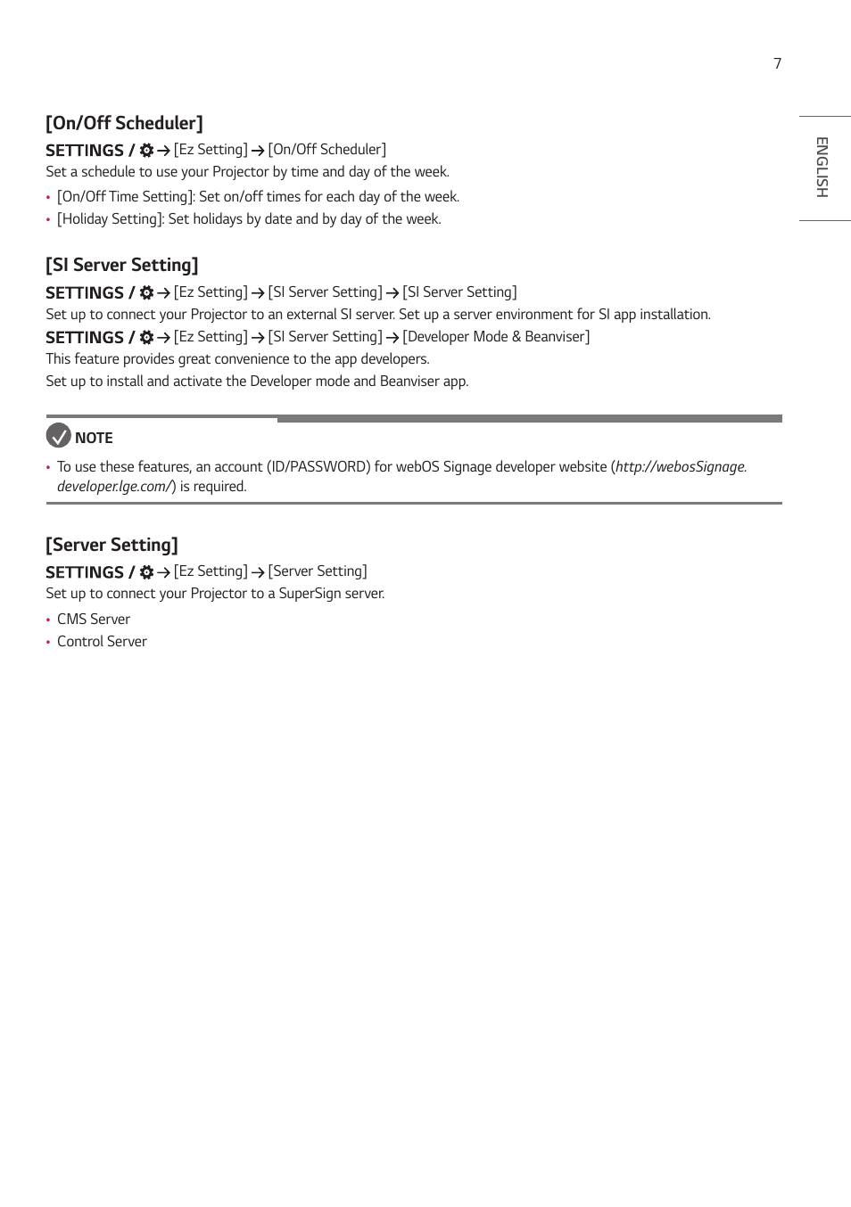 On/off scheduler, Si server setting, Server setting | LG ProBeam BU70QGA 7000-Lumen 4K Laser SmProjector User Manual | Page 62 / 143