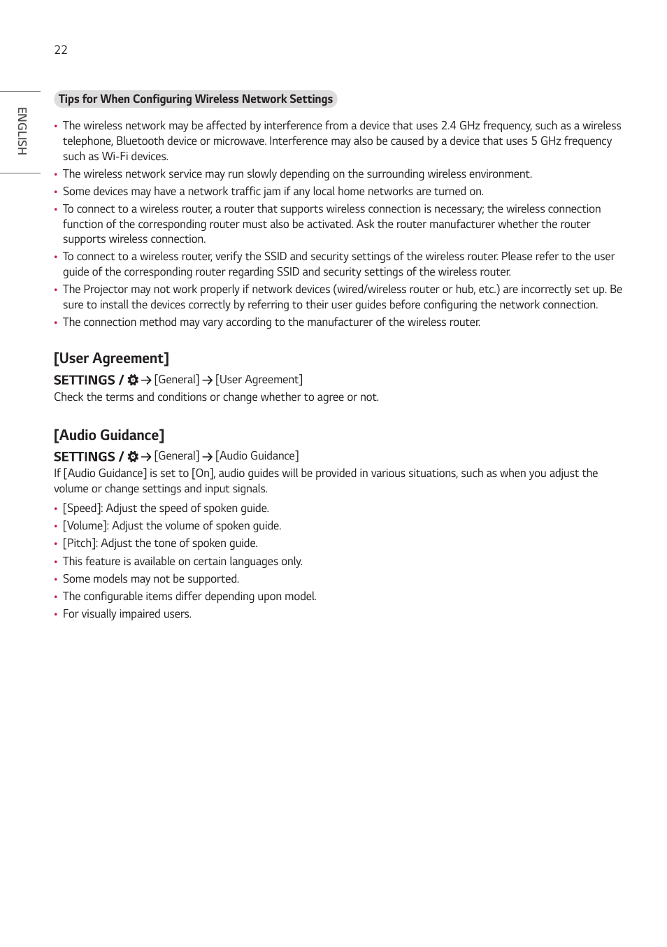 User agreement, Audio guidance, User agreement] [audio guidance | LG ProBeam BU70QGA 7000-Lumen 4K Laser SmProjector User Manual | Page 77 / 143