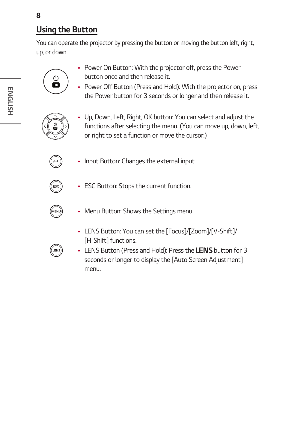 Using the button | LG ProBeam BU70QGA 7000-Lumen 4K Laser SmProjector User Manual | Page 8 / 143