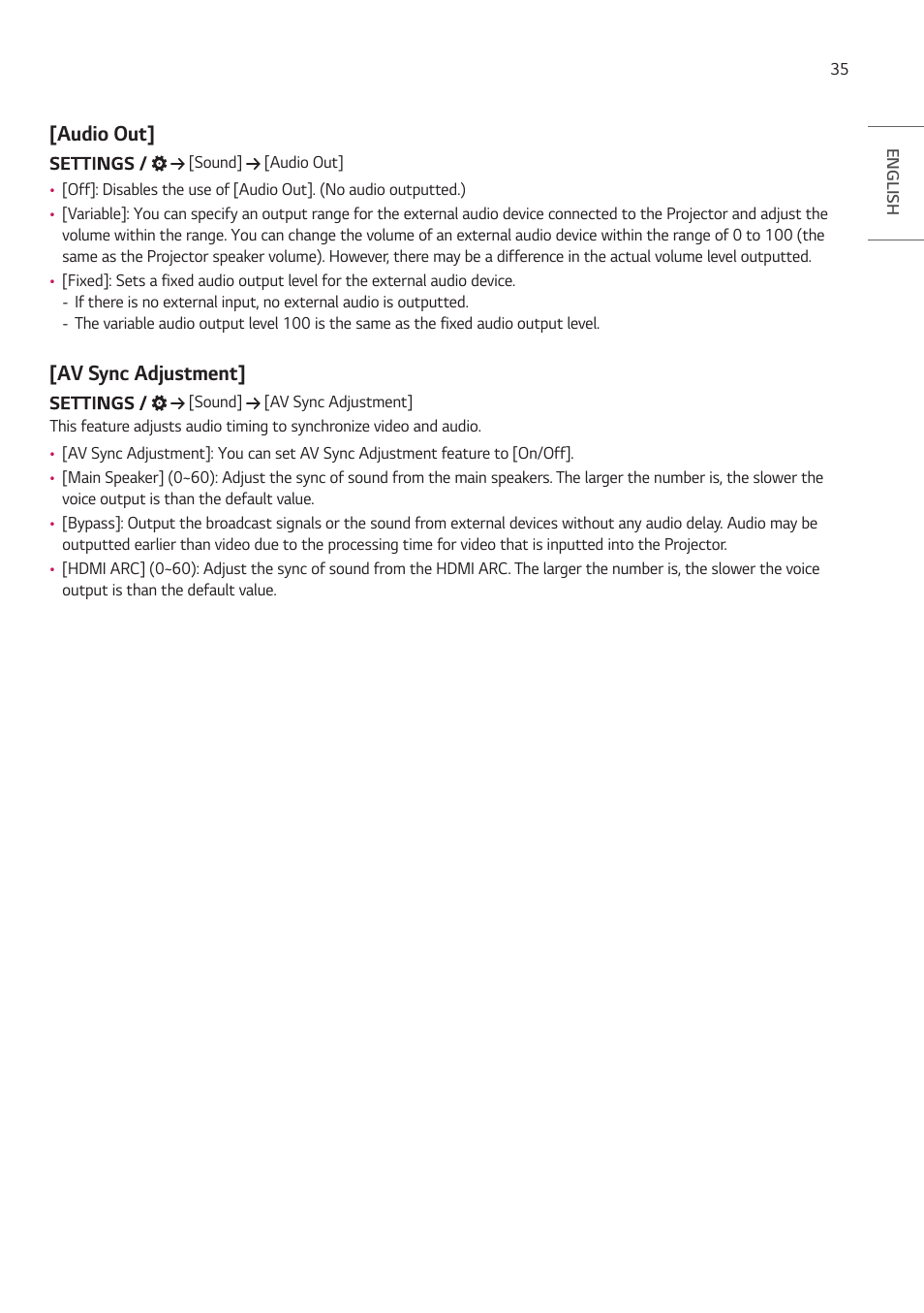Audio out, Av sync adjustment, Audio out] [av sync adjustment | LG ProBeam BU70QGA 7000-Lumen 4K Laser SmProjector User Manual | Page 90 / 143