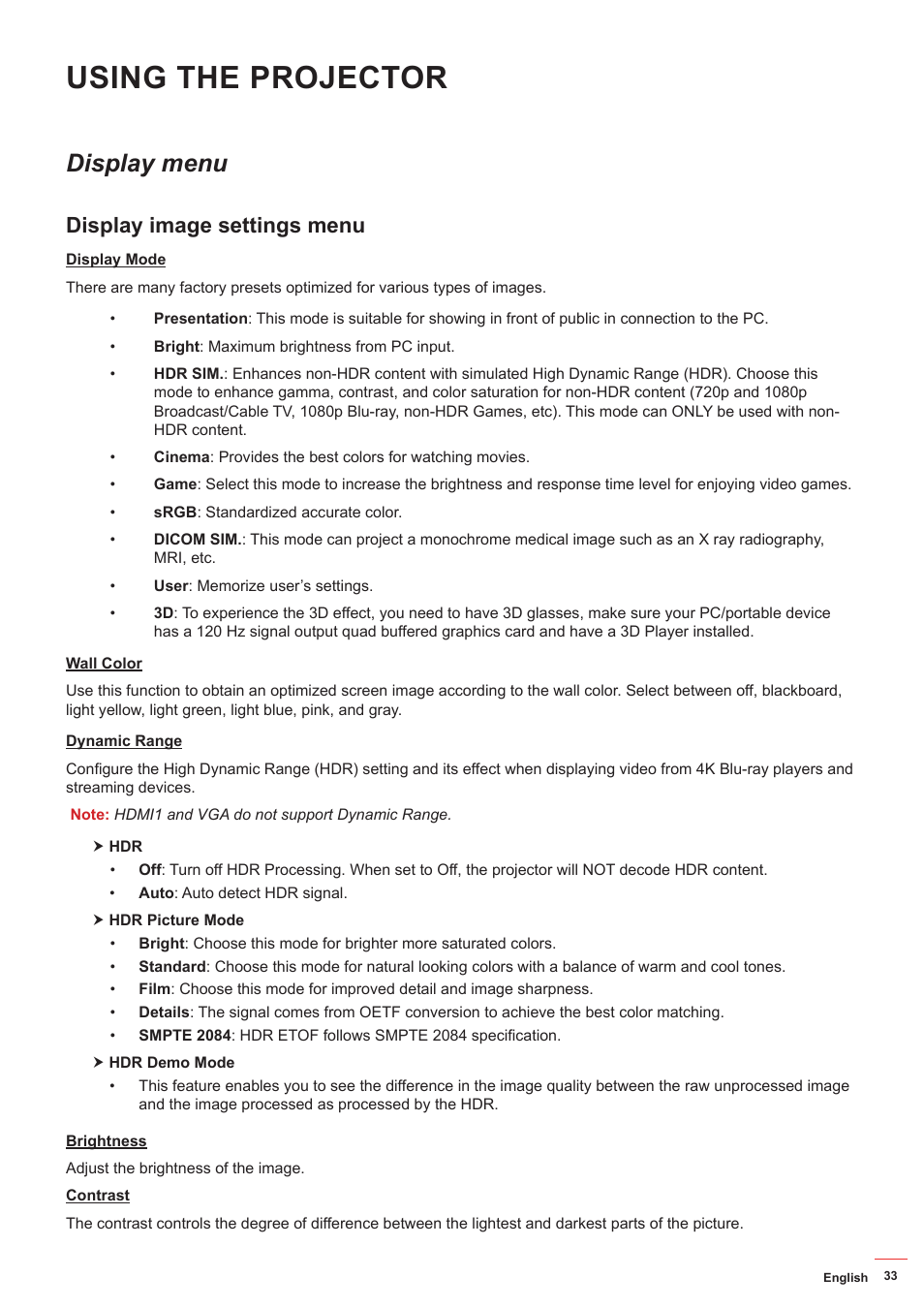 Display menu, Display image settings menu, Using the projector | Optoma ZU506T-W 5000-Lumen WUXGA Laser DLP Projector (White) User Manual | Page 33 / 69