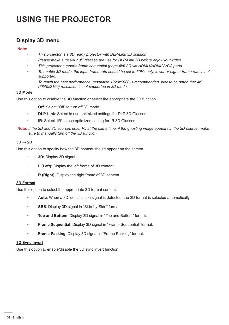 Display 3d menu, Using the projector | Optoma ZU506T-W 5000-Lumen WUXGA Laser DLP Projector (White) User Manual | Page 36 / 69