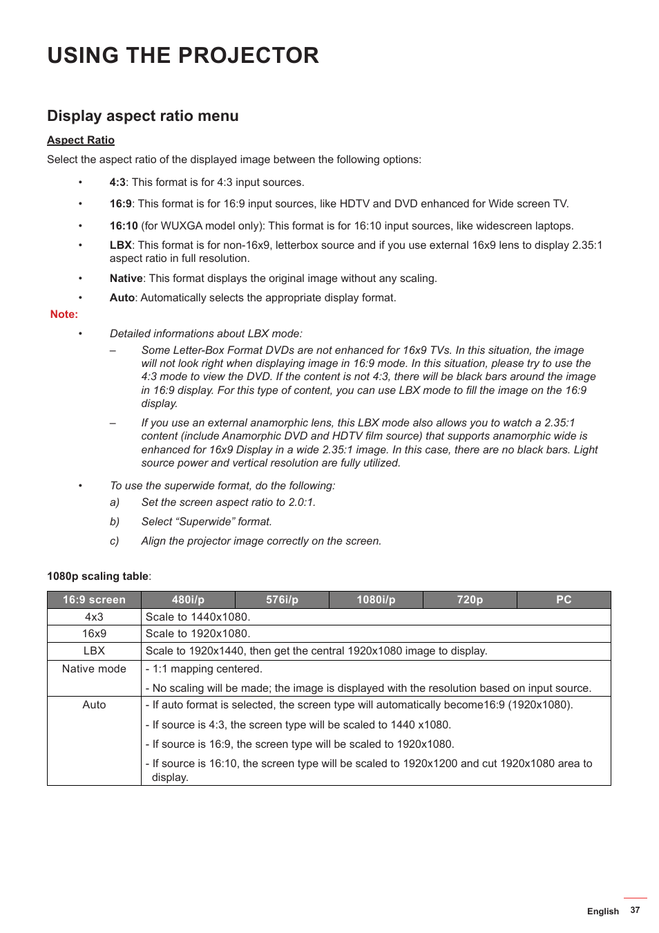 Display aspect ratio menu, Using the projector | Optoma ZU506T-W 5000-Lumen WUXGA Laser DLP Projector (White) User Manual | Page 37 / 69