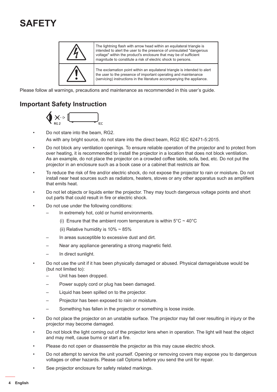 Safety, Important safety instruction | Optoma ZU506T-W 5000-Lumen WUXGA Laser DLP Projector (White) User Manual | Page 4 / 69