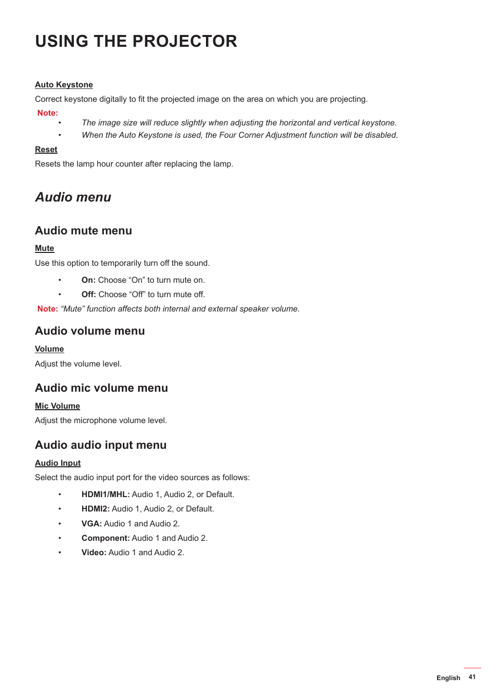 Audio menu, Audio mute menu, Audio volume menu | Audio mic volume menu, Audio audio input menu, Using the projector | Optoma ZU506T-W 5000-Lumen WUXGA Laser DLP Projector (White) User Manual | Page 41 / 69