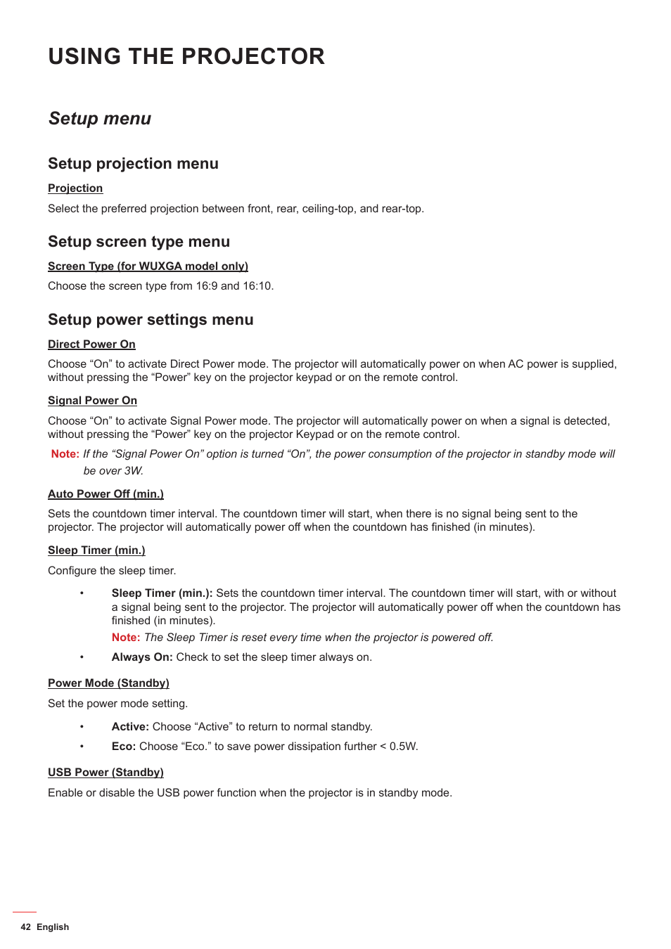 Setup menu, Setup projection menu, Setup screen type menu | Setup power settings menu, Using the projector | Optoma ZU506T-W 5000-Lumen WUXGA Laser DLP Projector (White) User Manual | Page 42 / 69