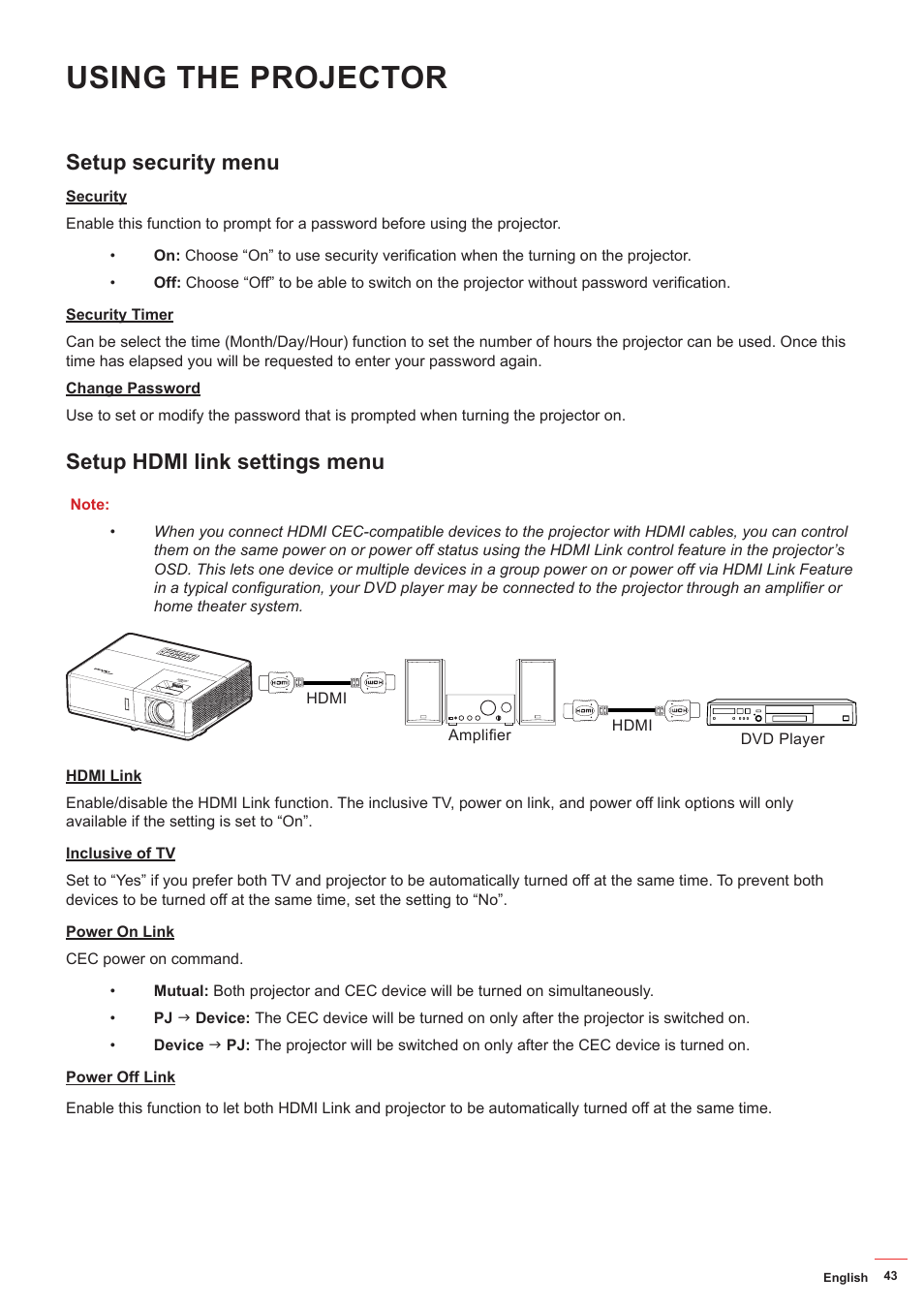 Setup security menu, Setup hdmi link settings menu, Using the projector | Optoma ZU506T-W 5000-Lumen WUXGA Laser DLP Projector (White) User Manual | Page 43 / 69