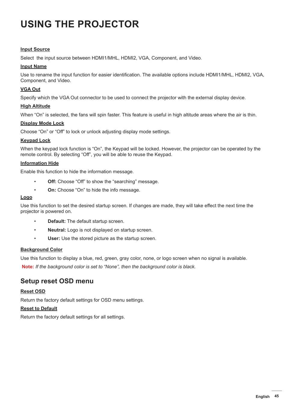 Setup reset osd menu, Using the projector | Optoma ZU506T-W 5000-Lumen WUXGA Laser DLP Projector (White) User Manual | Page 45 / 69