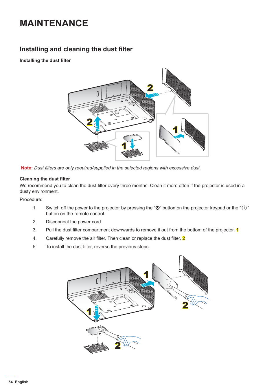 Maintenance, Replacing the lamp, Installing and cleaning the dust filter | Optoma ZU506T-W 5000-Lumen WUXGA Laser DLP Projector (White) User Manual | Page 54 / 69