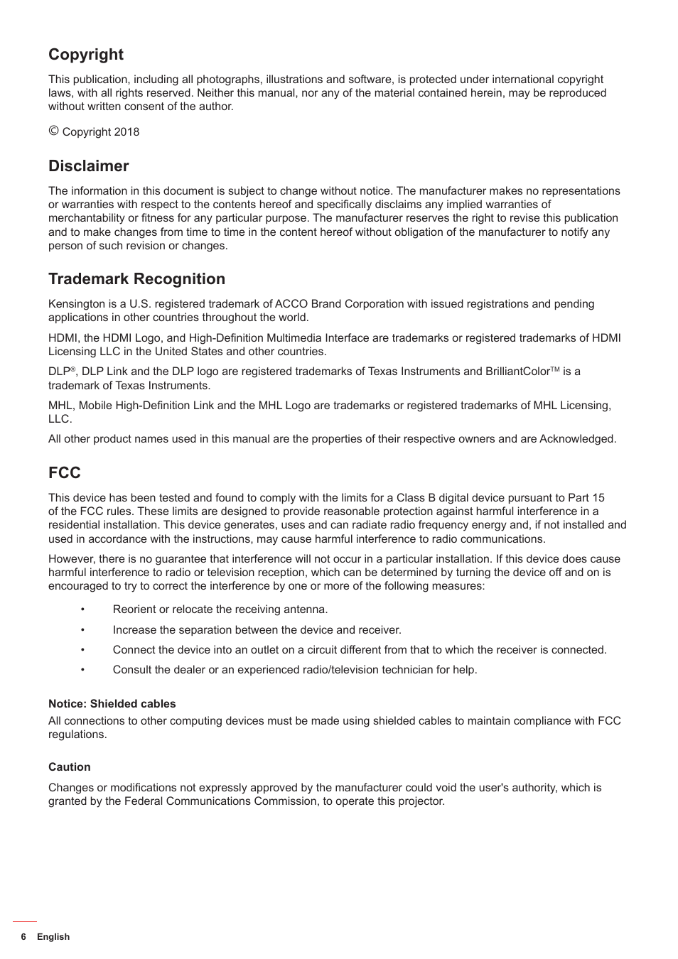 Copyright, Disclaimer, Trademark recognition | Optoma ZU506T-W 5000-Lumen WUXGA Laser DLP Projector (White) User Manual | Page 6 / 69