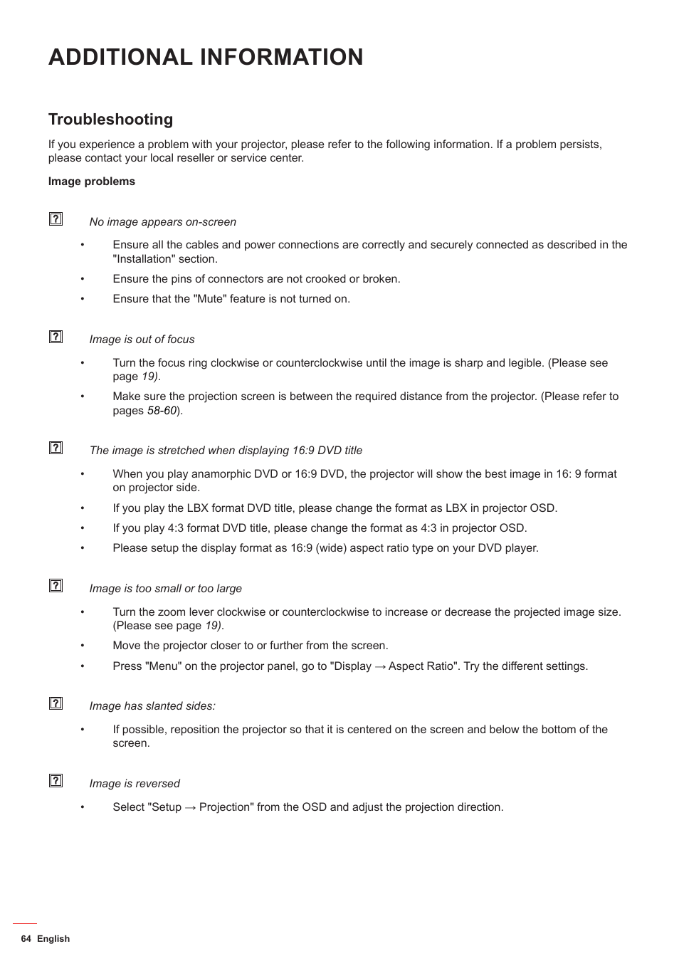 Troubleshooting, Additional information | Optoma ZU506T-W 5000-Lumen WUXGA Laser DLP Projector (White) User Manual | Page 64 / 69