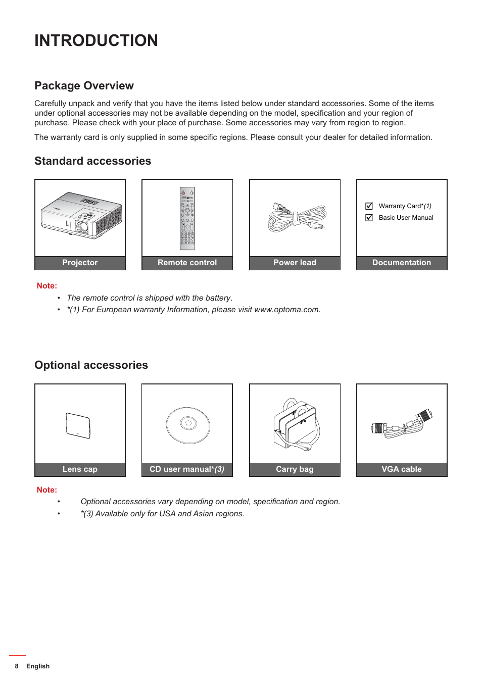 Introduction, Package overview, Standard accessories | Optional accessories, Standard accessories optional accessories | Optoma ZU506T-W 5000-Lumen WUXGA Laser DLP Projector (White) User Manual | Page 8 / 69