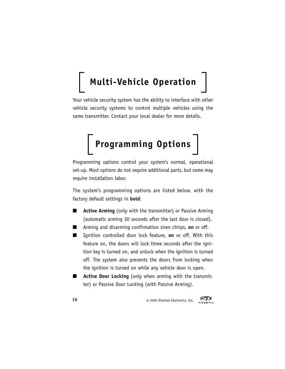 Multi-vehicle operation, Programming options | Directed Electronics Hurricane Vehicle Security System G Hurricane 3 6 User Manual | Page 19 / 25