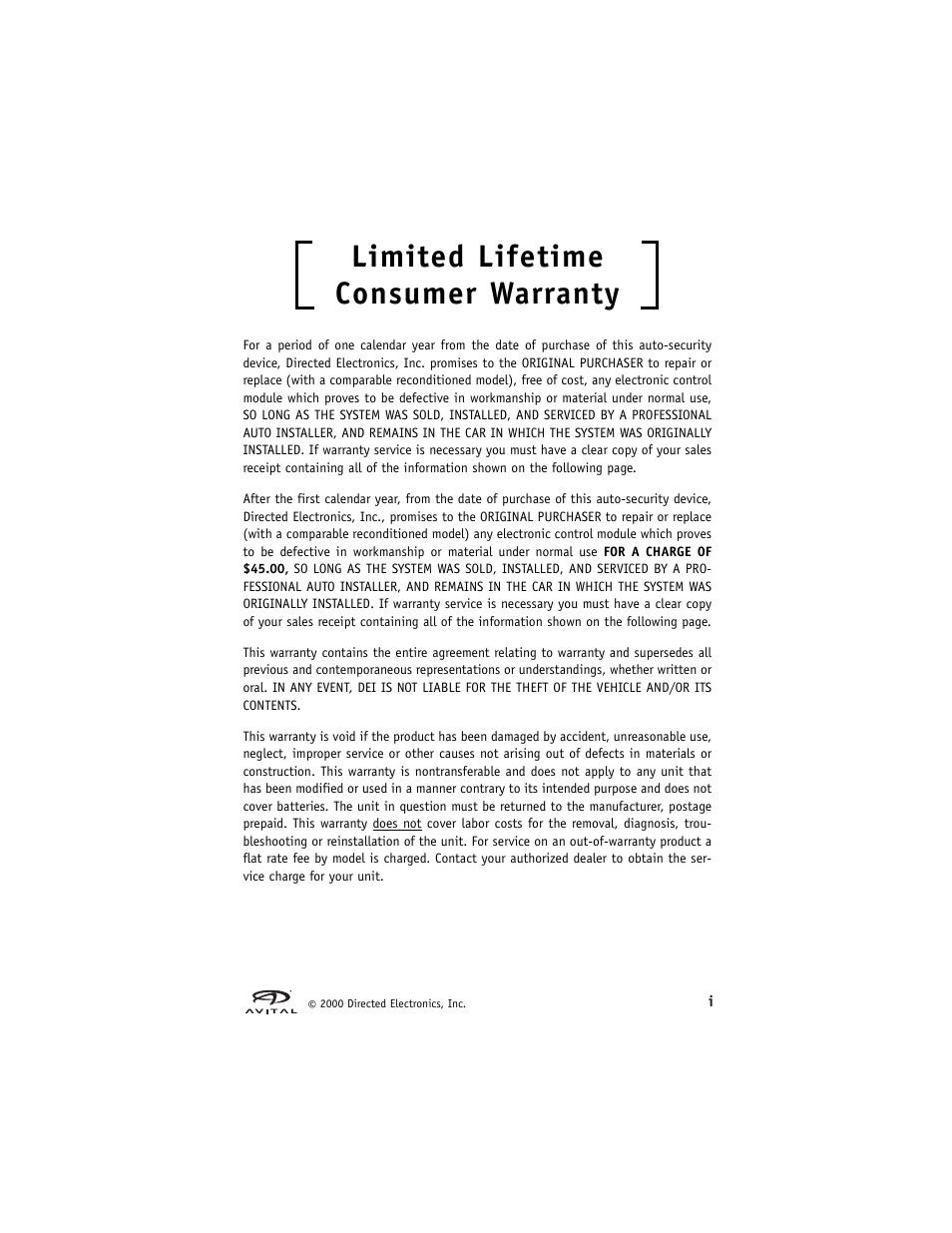 Limited lifetime consumer warranty | Directed Electronics Hurricane Vehicle Security System G Hurricane 3 6 User Manual | Page 2 / 25