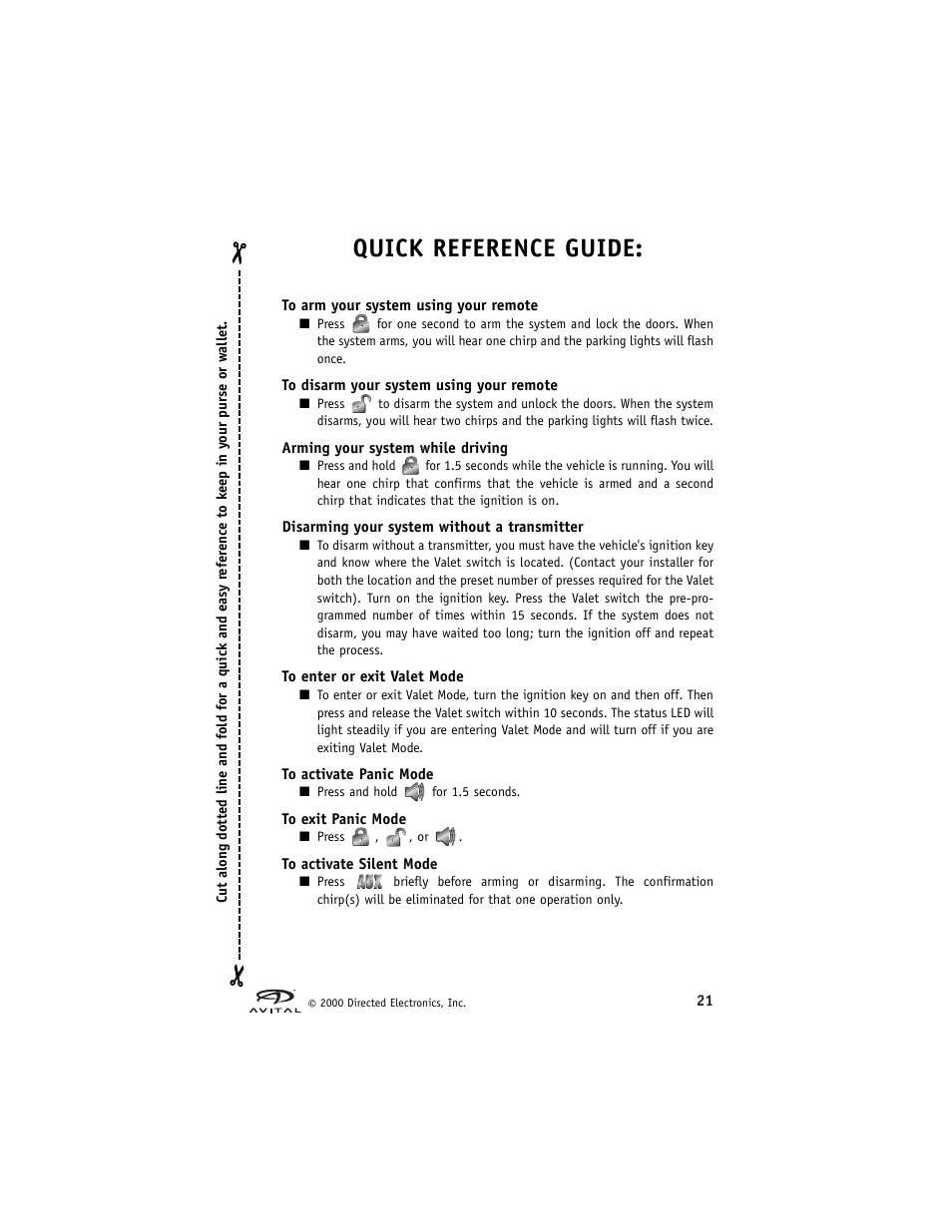 Quick reference guide | Directed Electronics Hurricane Vehicle Security System G Hurricane 3 6 User Manual | Page 24 / 25