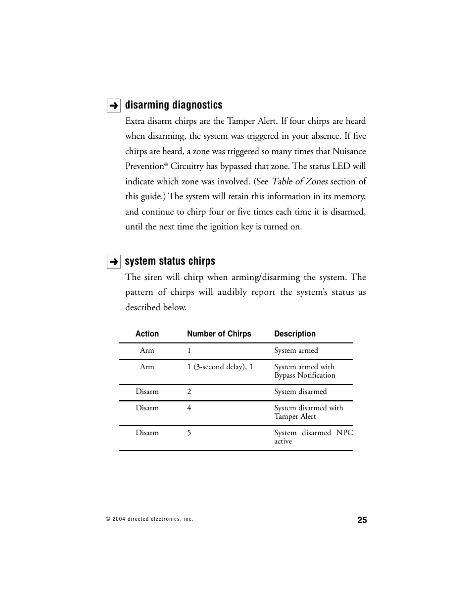 Disarming diagnostics, System status chirps | Directed Electronics 690XV User Manual | Page 28 / 45